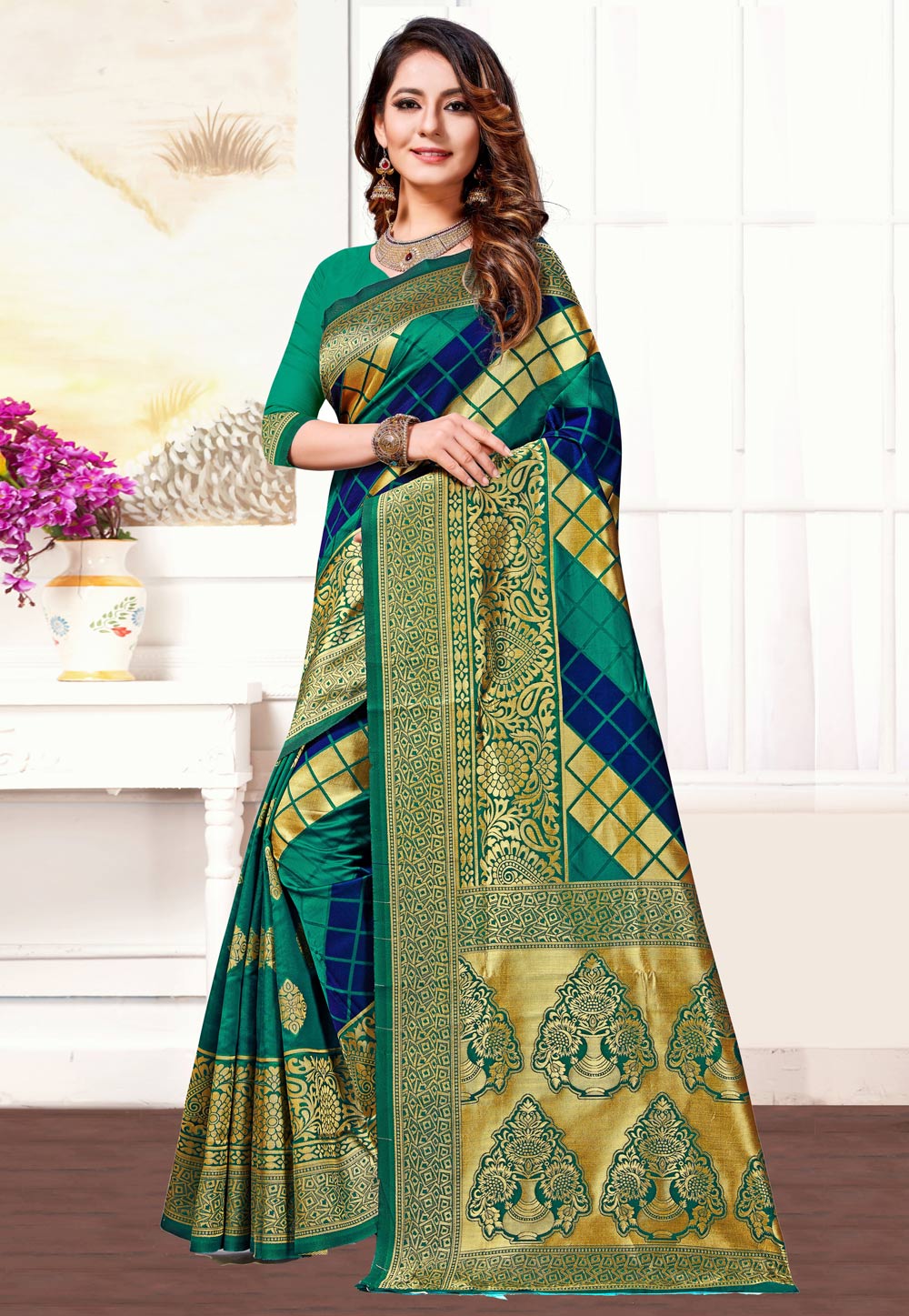Green Banarasi Silk Saree With Blouse 220201