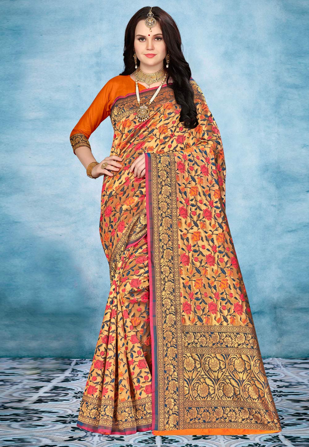 Orange Banarasi Silk Saree With Blouse 220637