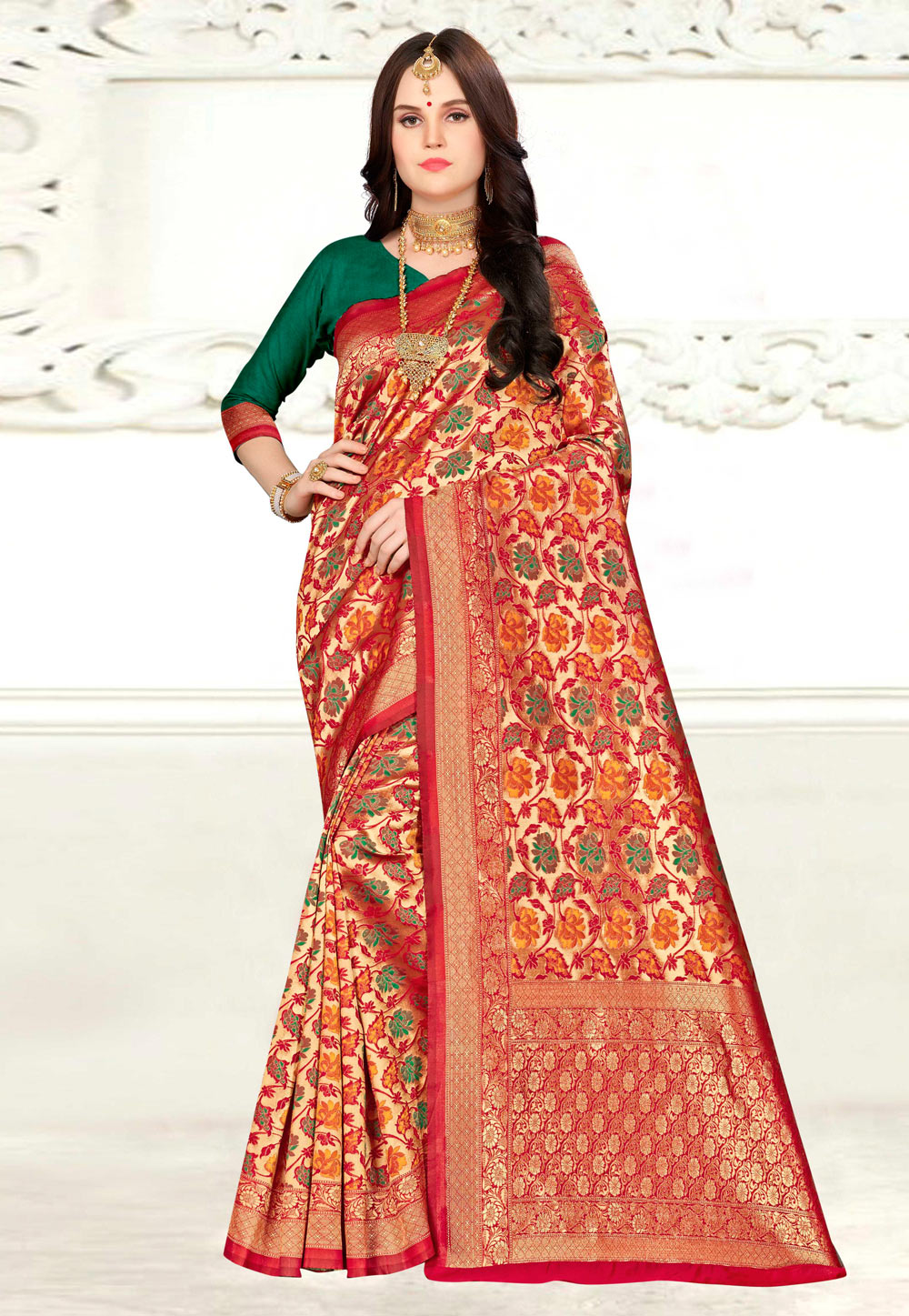 Red Banarasi Silk Saree With Blouse 220641
