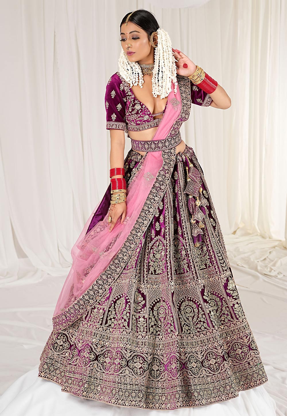 Wine Velvet Wedding Wear Lehenga Choli 271473