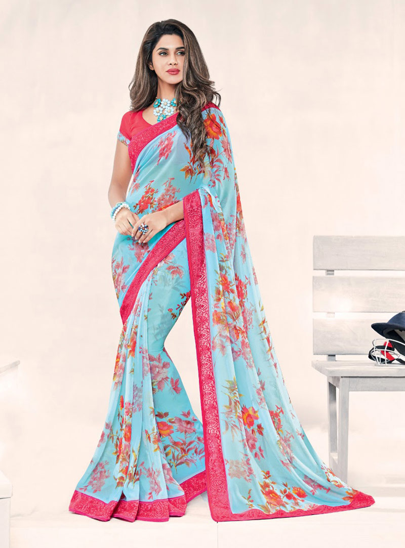 Sky Blue Georgette Printed Saree With Blouse 77711