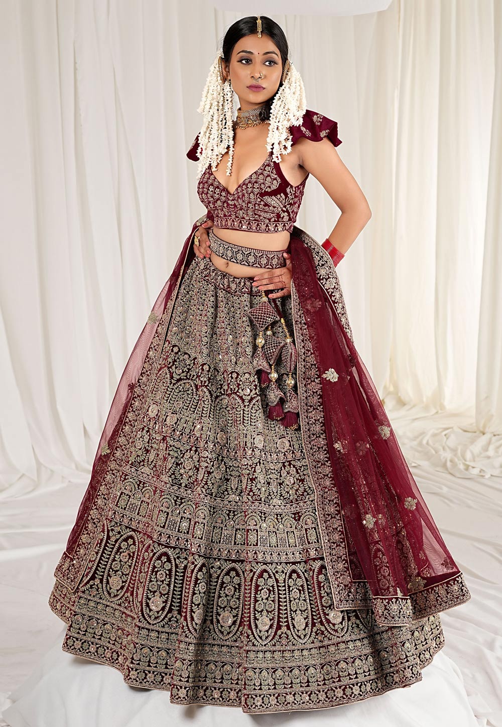 Maroon Velvet Bridal Lehenga 271479