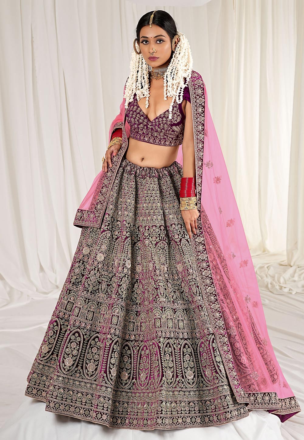 Purple Velvet Bridal Lehenga Choli 271480