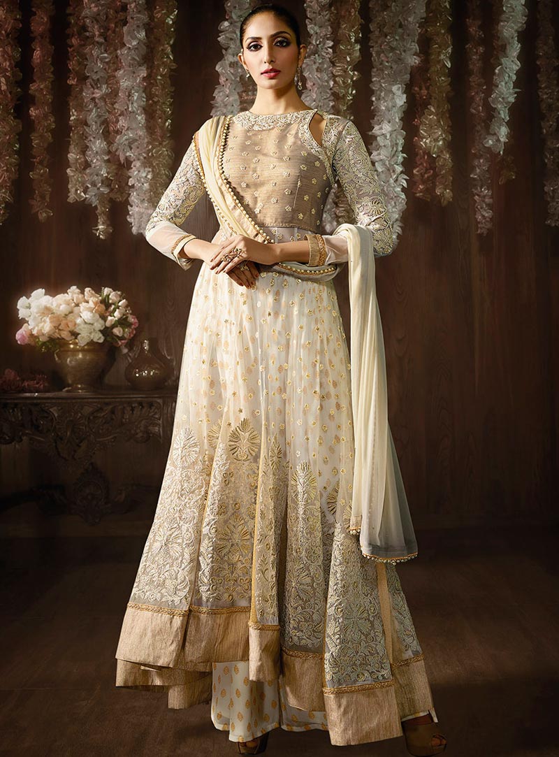 Off White Net Embroidered Anarkali Suit 86125