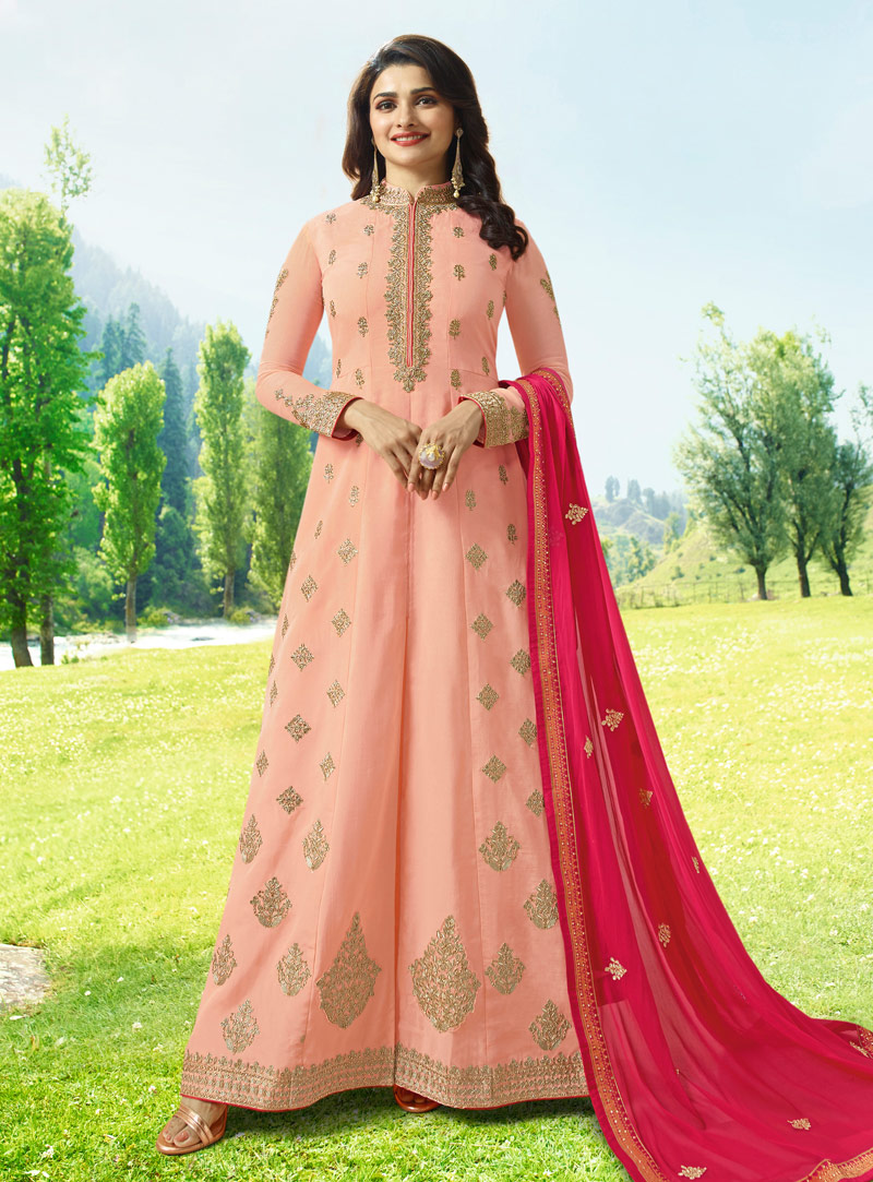 Prachi Desai Peach Silk Ankle Length Anarkali Suit 142721
