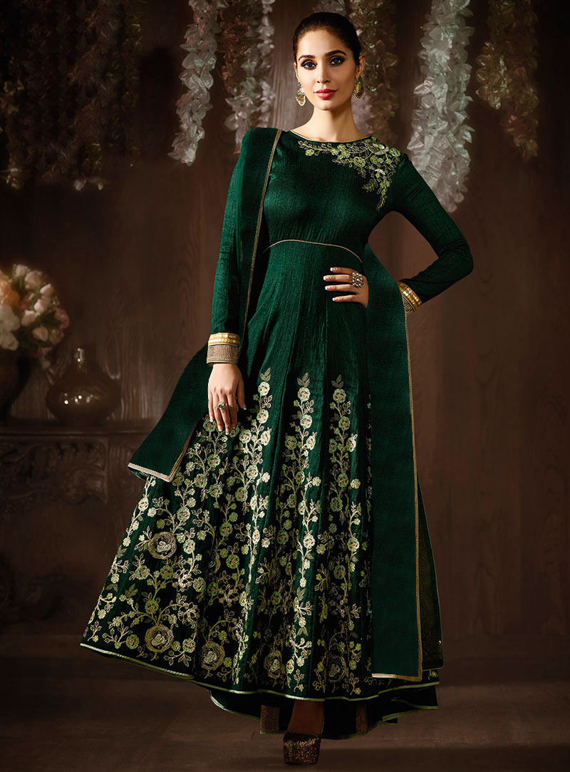 Green Raw Silk Ankle Length Anarkali Suit 86126