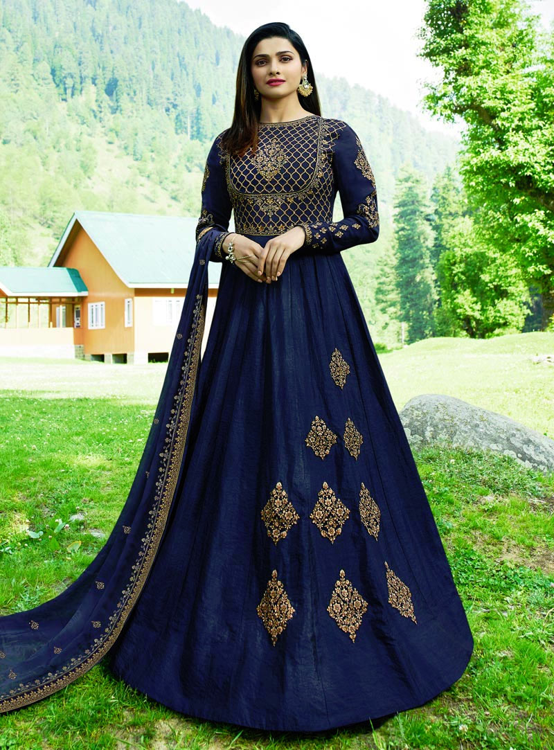 Prachi Desai Navy Blue Silk Long Anarkali Suit 142722