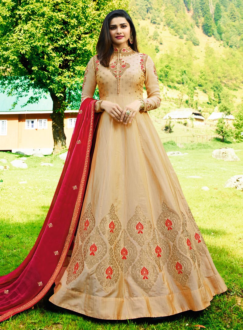 Prachi Desai Beige Silk Anarkali Suit 142723