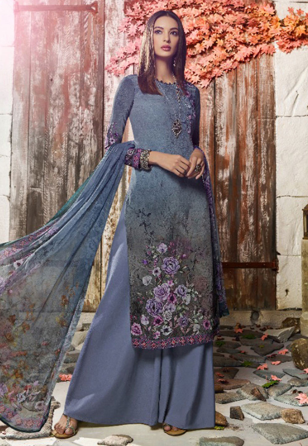 Blue Crepe Palazzo Style Suit 187586