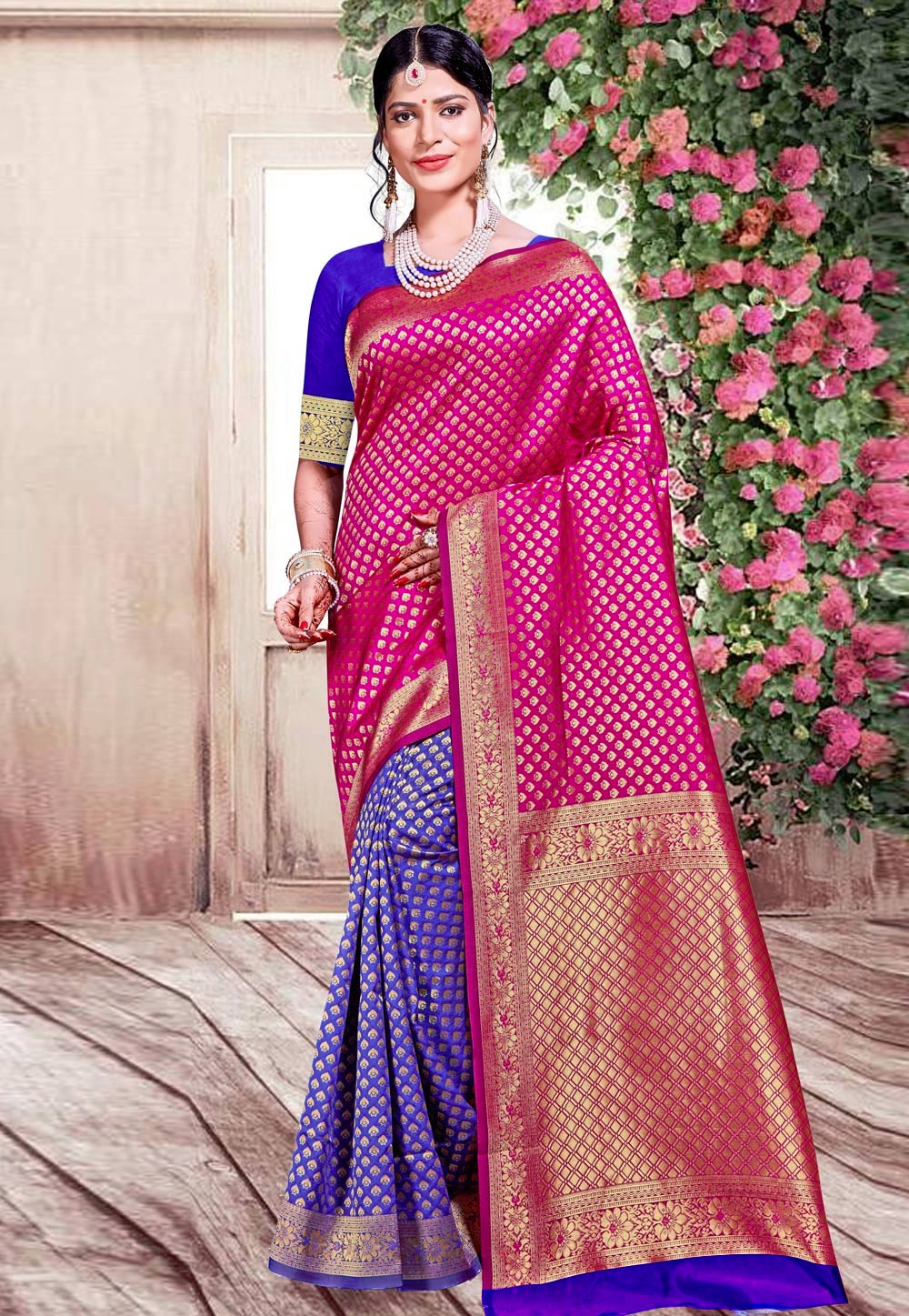 Pink Banarasi Silk Half and Half Saree 220090