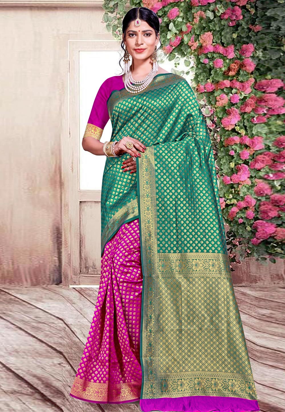 Green Banarasi Silk Half and Half Saree 220091