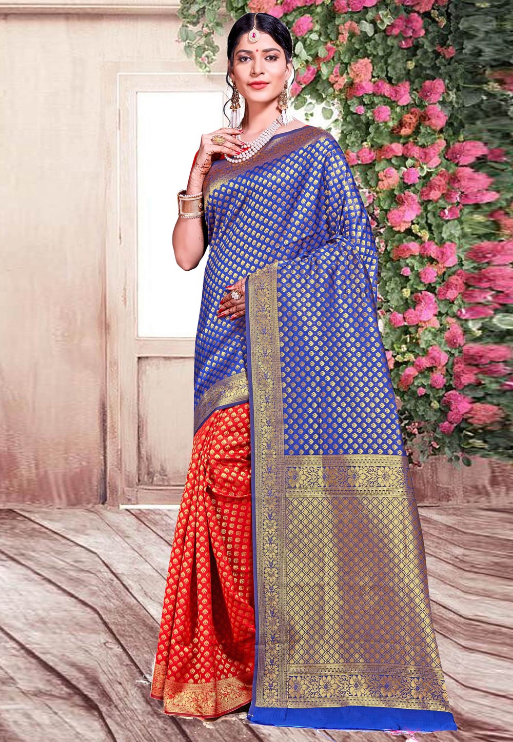 Blue Banarasi Silk Half and Half Saree 220092