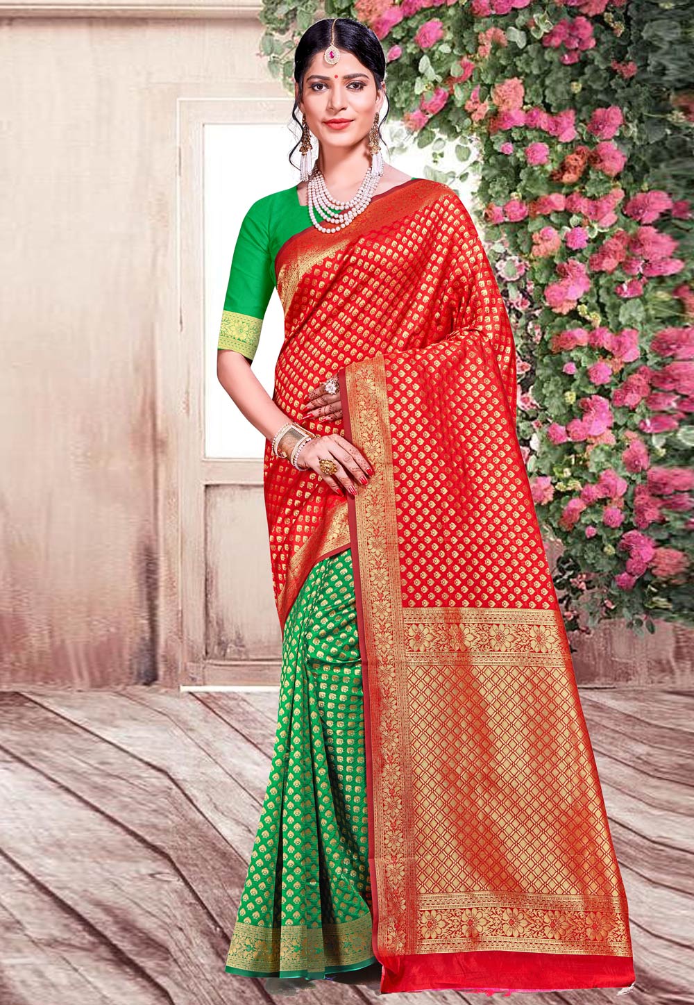 Red Banarasi Silk Half and Half Saree 220094