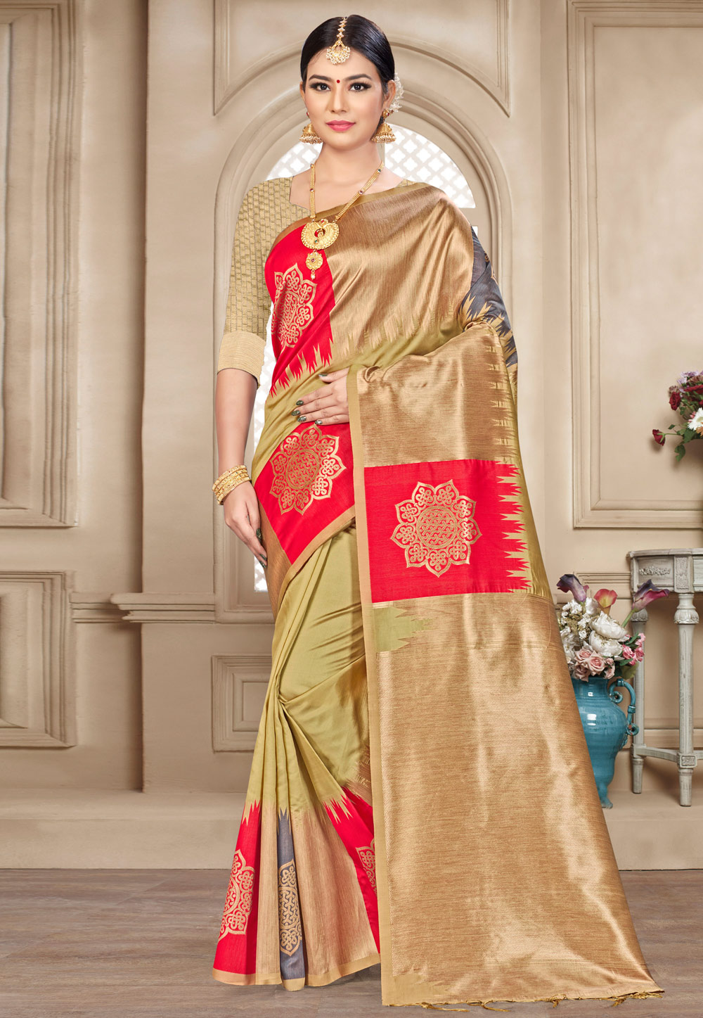 Golden Banarasi Silk Saree With Blouse 220647