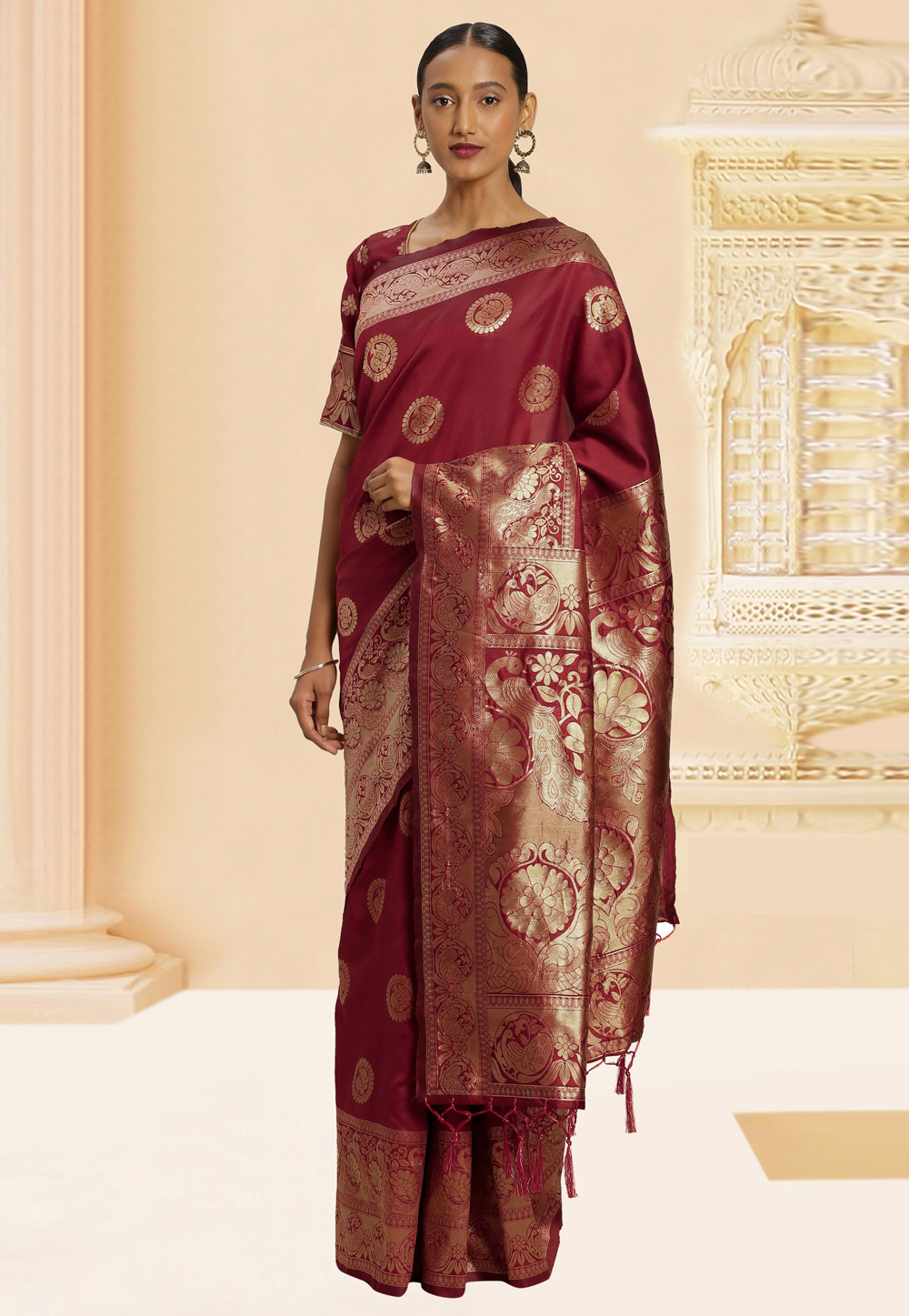 Maroon Banarasi Silk Saree With Blouse 220030