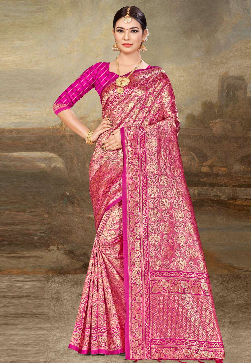 Magenta Banarasi Silk Saree With Blouse 220039
