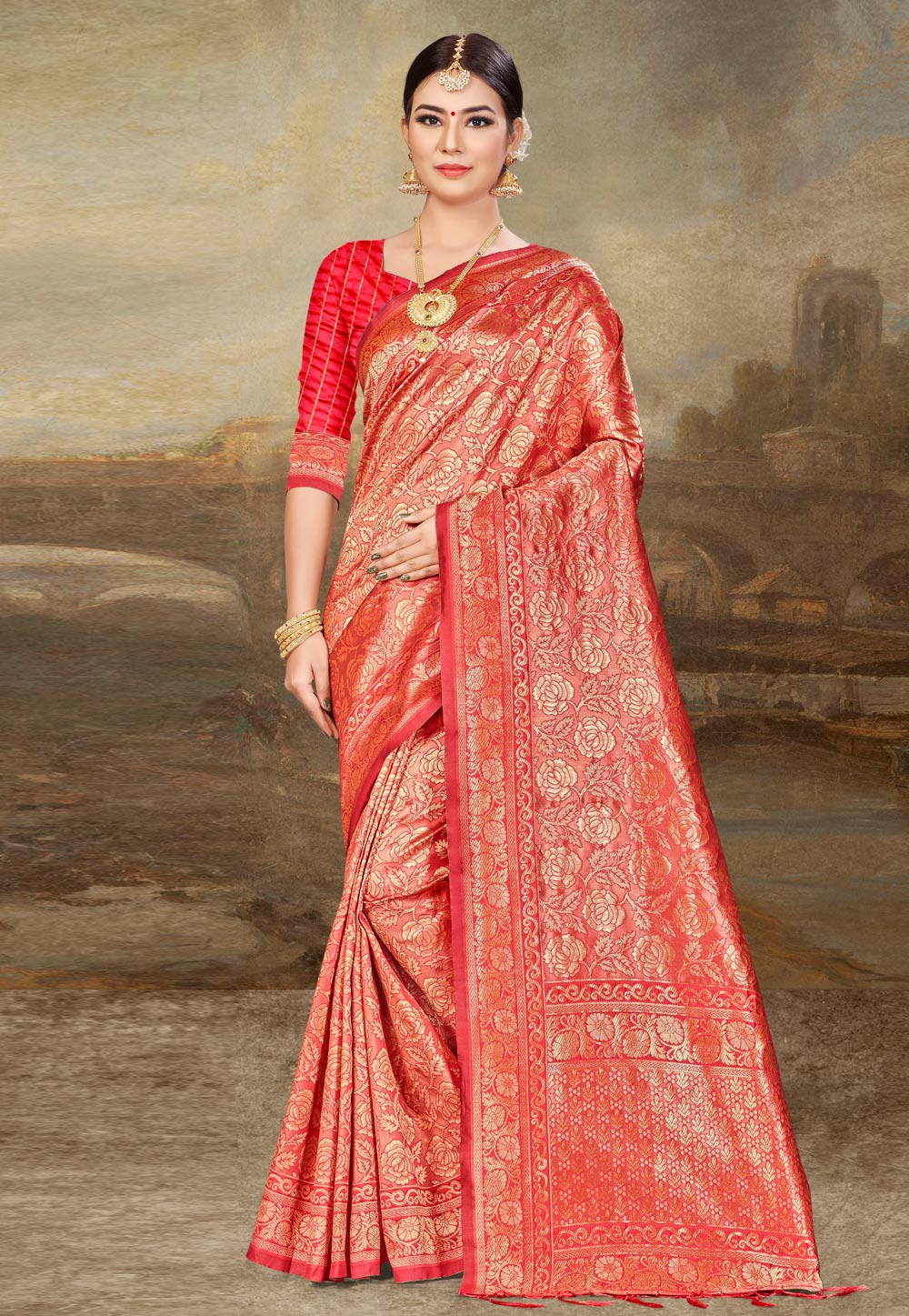 Red Banarasi Silk Saree With Blouse 220040