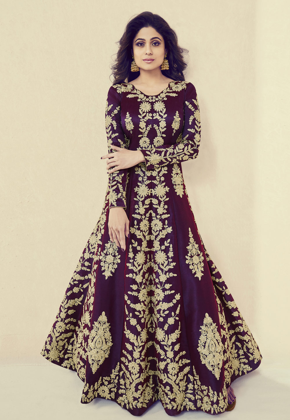 Shamita Shetty Purple Silk Abaya Style Anarkali Suit 153786