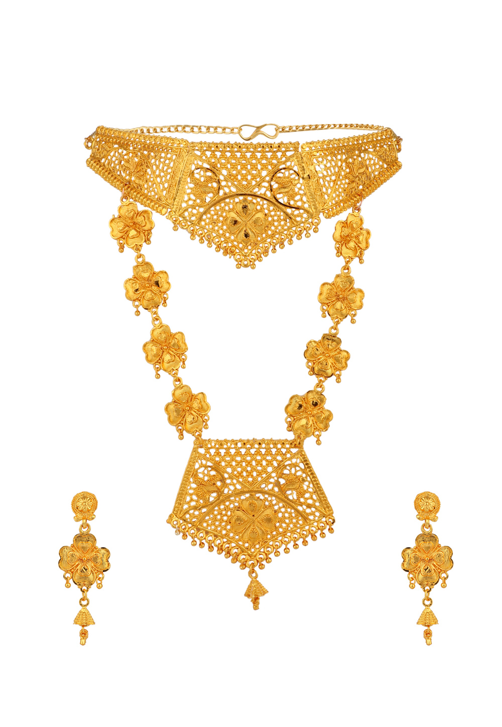 Golden Alloy Necklace Set With Earrings 228719