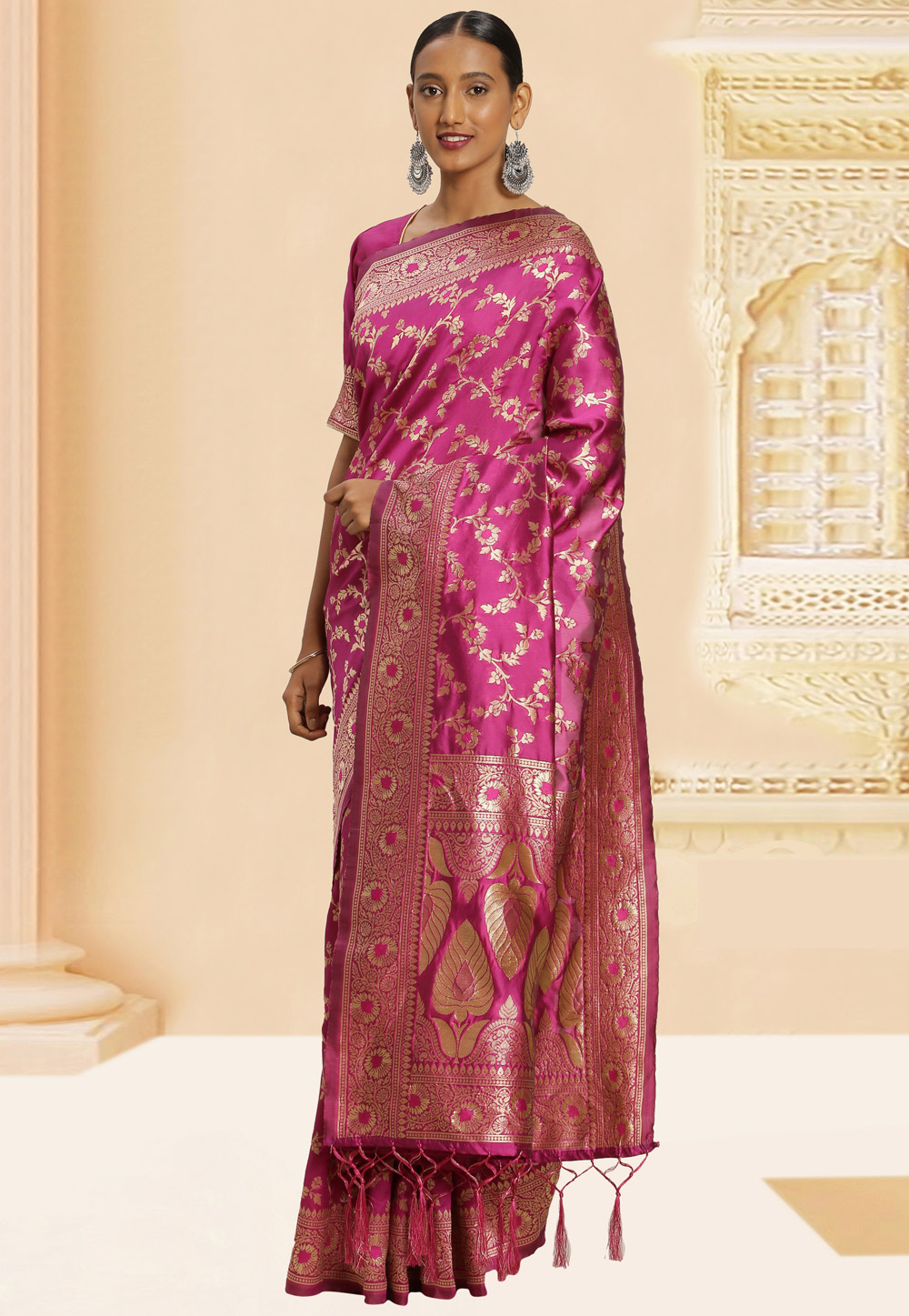 Pink Banarasi Silk Saree With Blouse 220042