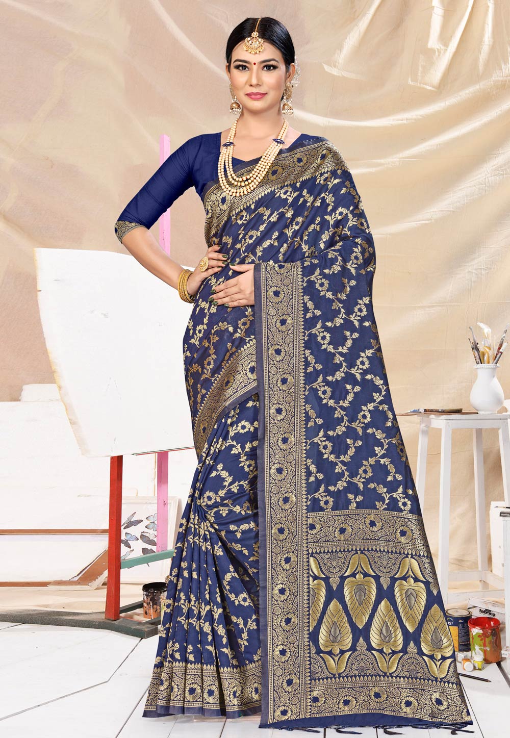 Navy Blue Banarasi Silk Festival Wear Saree 220043