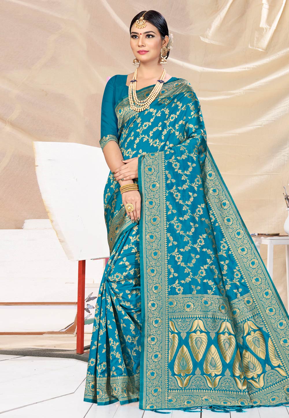 Blue Banarasi Silk Saree With Blouse 220045