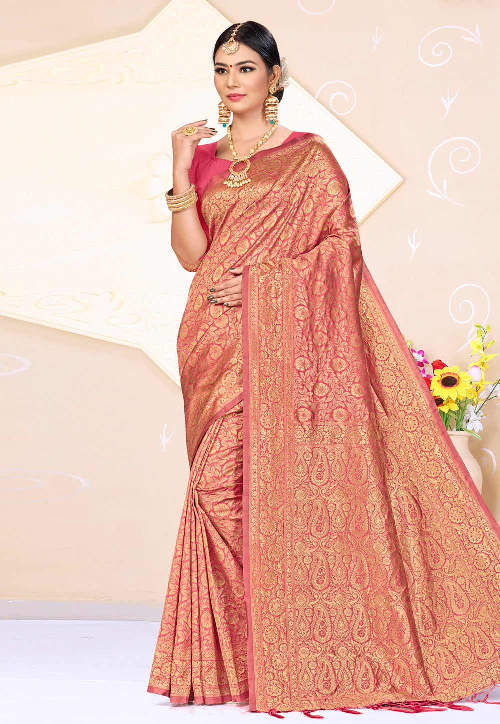 Pink Banarasi Silk Saree With Blouse 220050