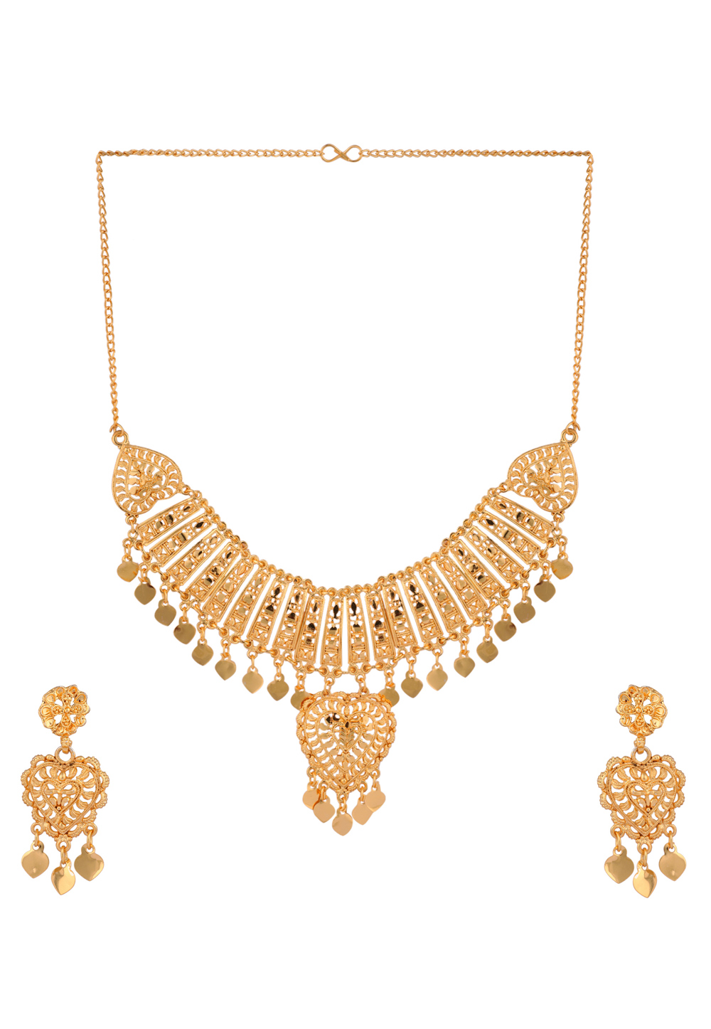 Golden Alloy Necklace Set With Earrings 224655