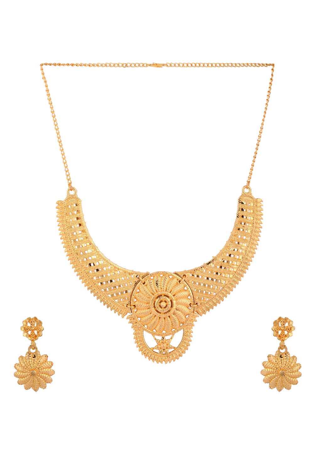 Golden Alloy Necklace Set With Earrings 224656