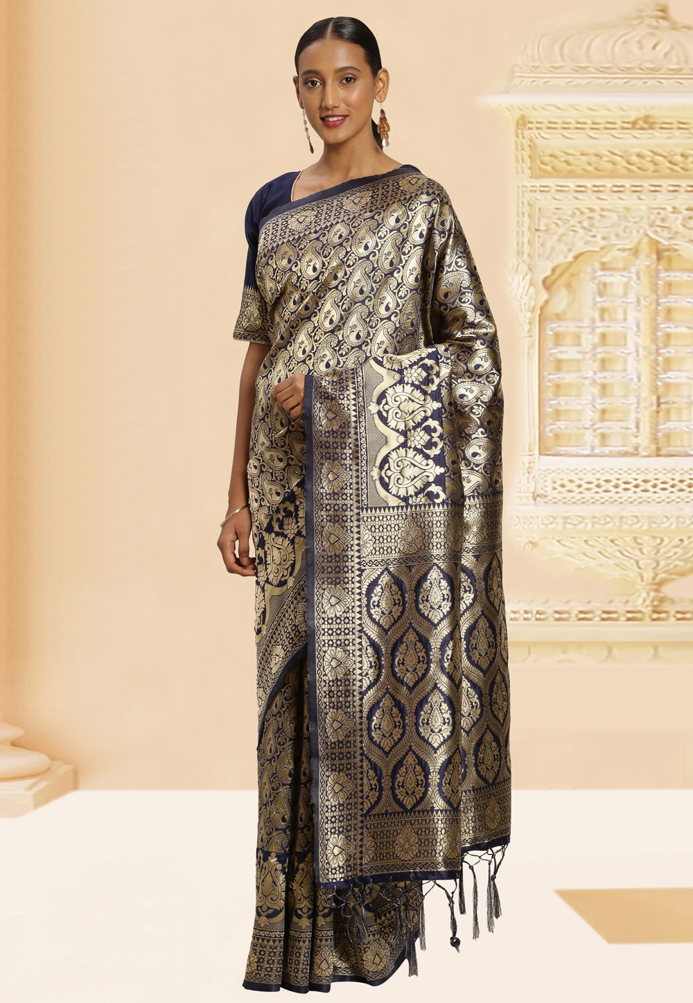 Navy Blue Banarasi Silk Saree With Blouse 220061