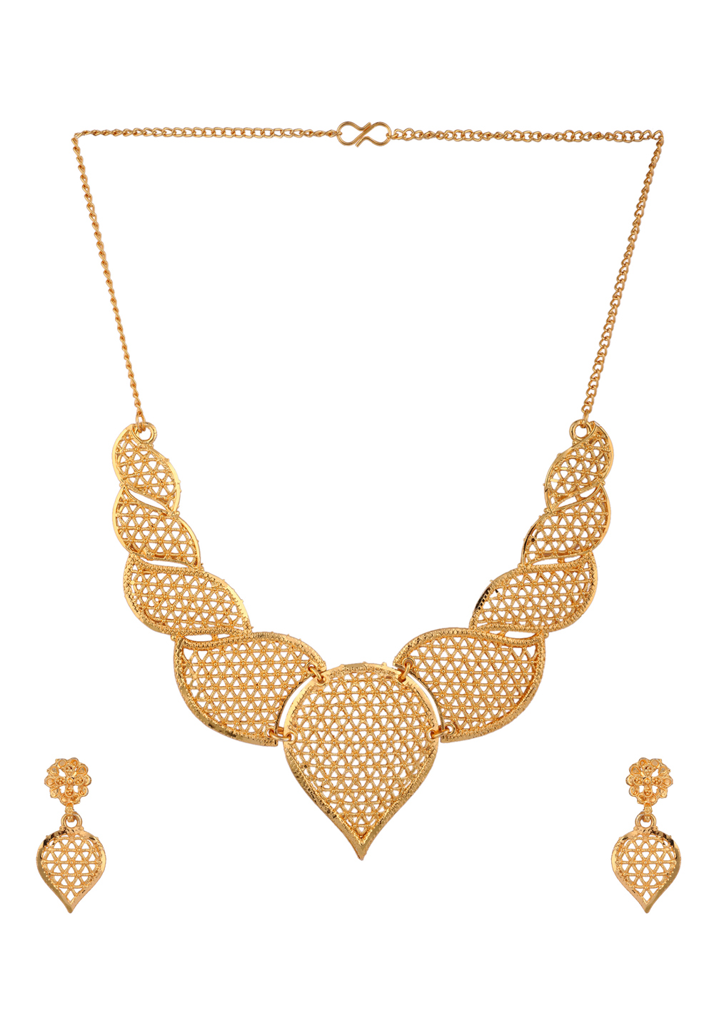 Golden Alloy Necklace Set With Earrings 224658