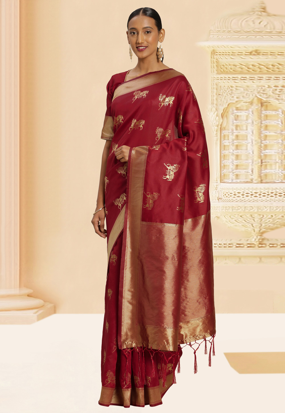 Maroon Banarasi Silk Saree With Blouse 220073