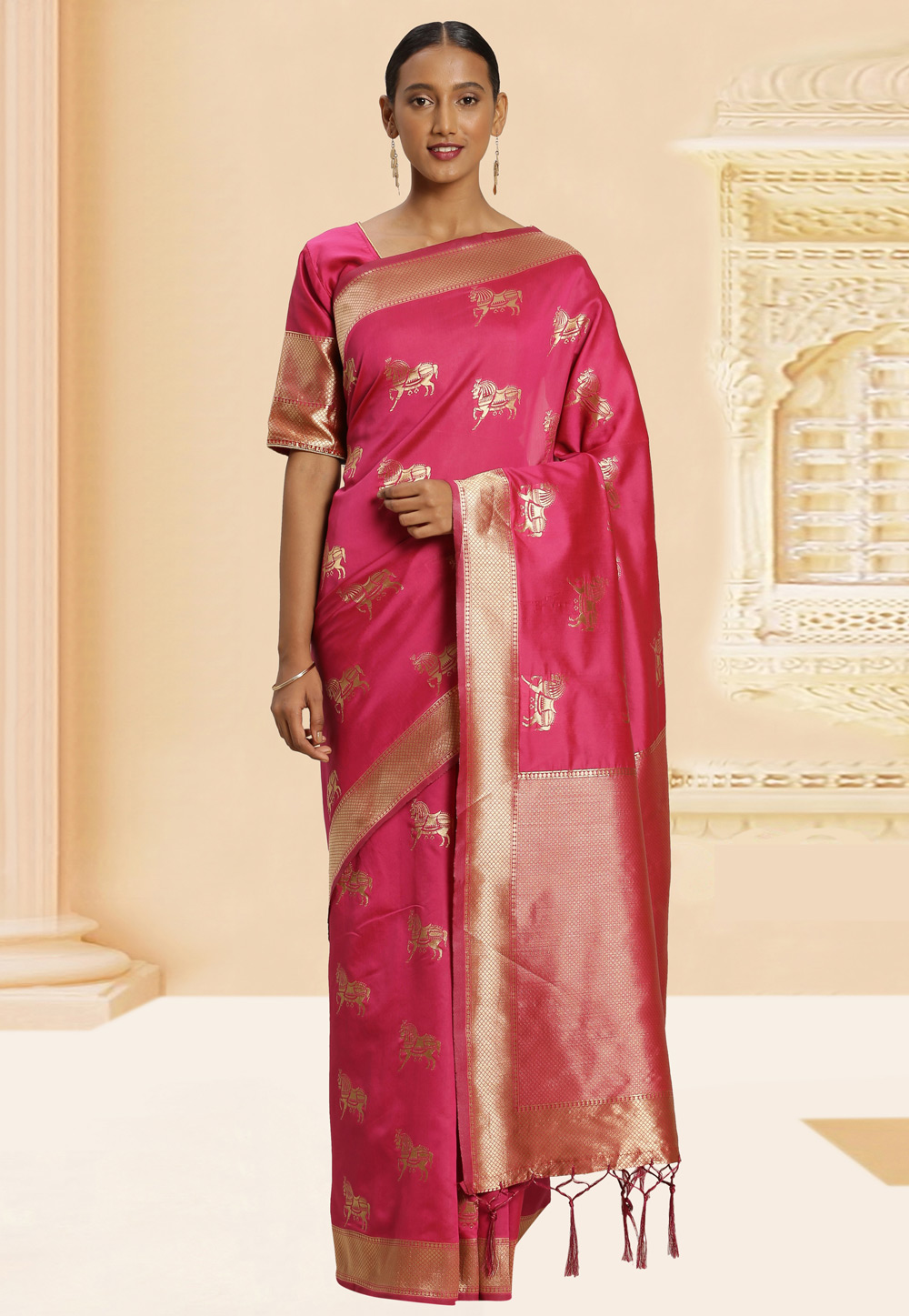 Pink Banarasi Silk Saree With Blouse 220074