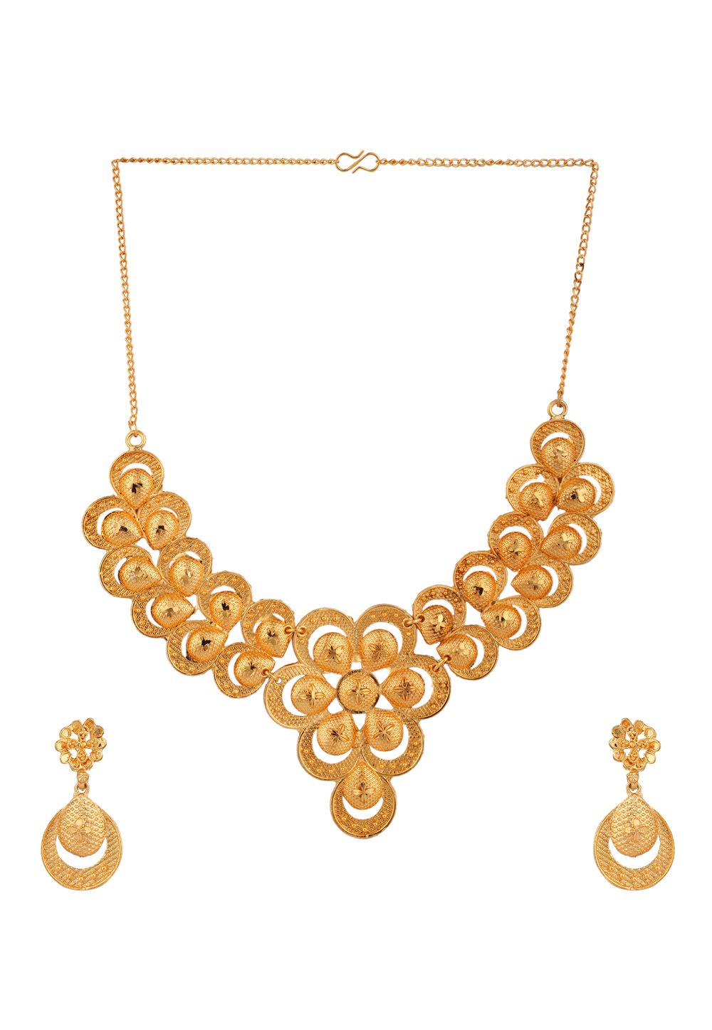 Golden Alloy Necklace Set With Earrings 224659