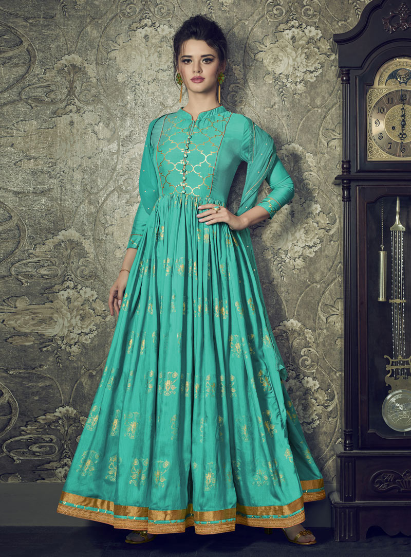 Turquoise Silk Long Anarkali Suit 147162