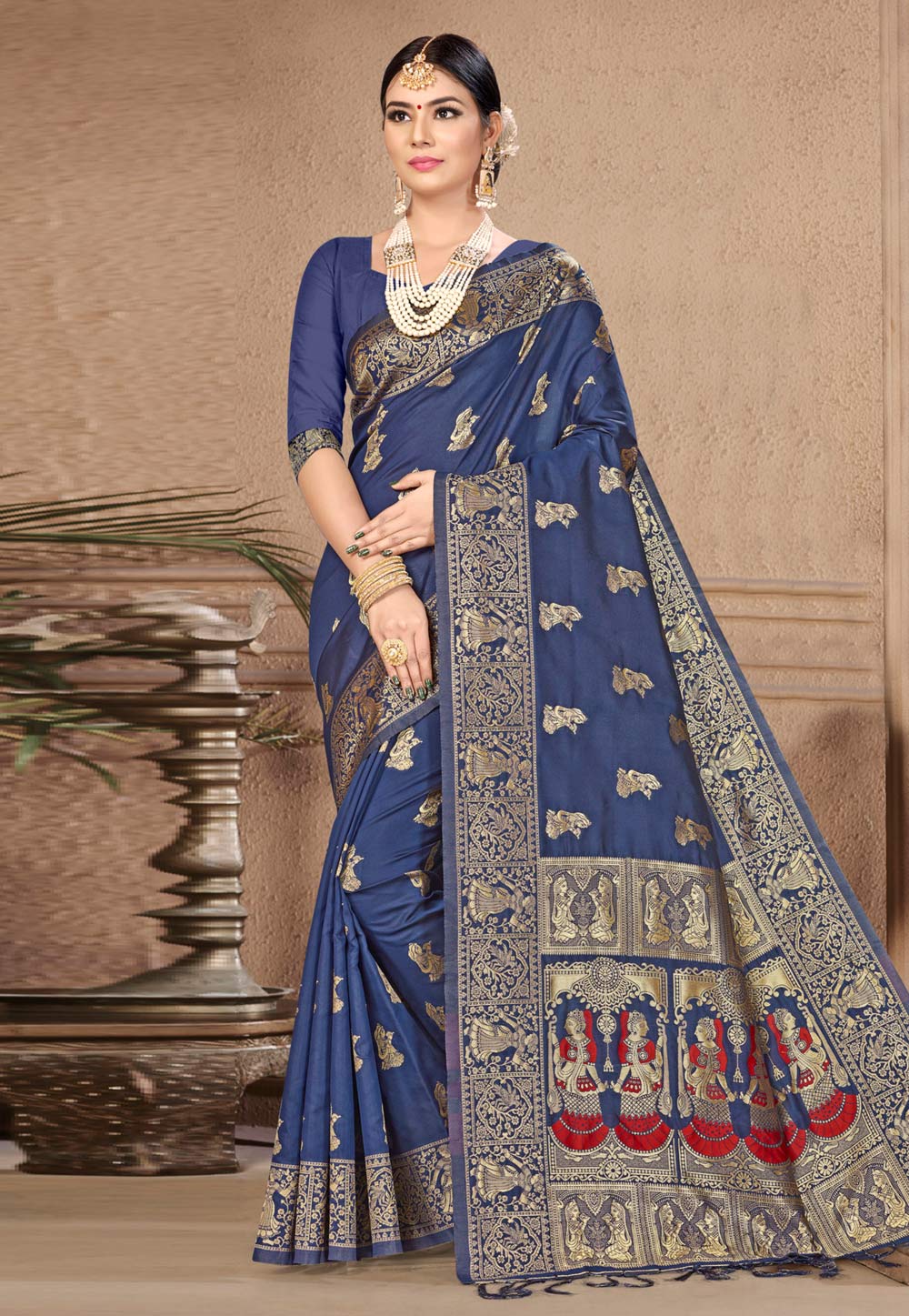 Navy Blue Banarasi Silk Saree With Blouse 220075