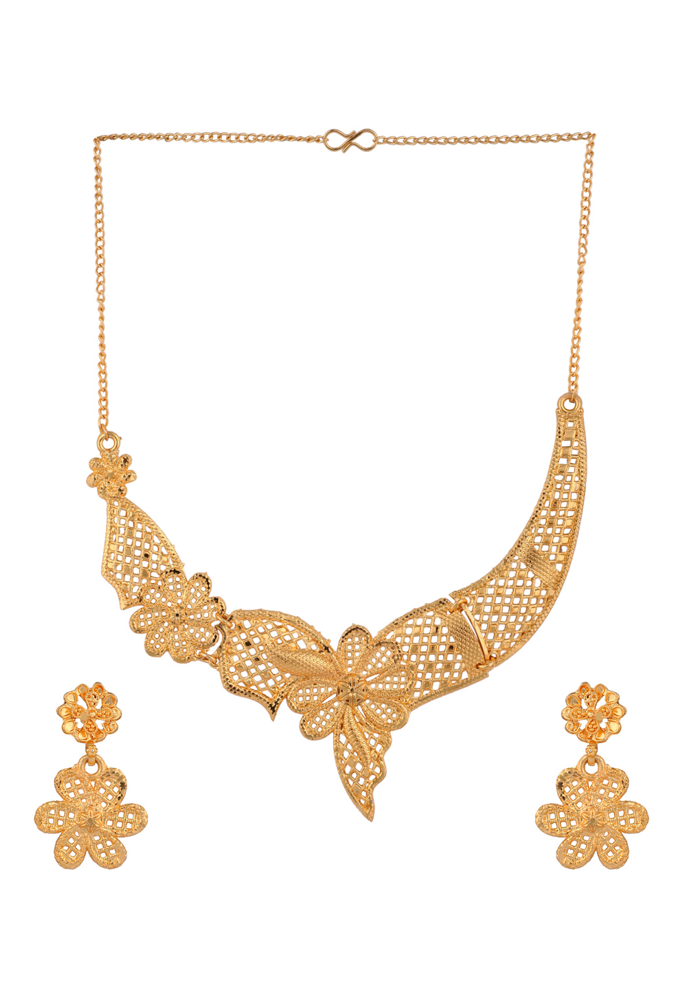 Golden Alloy Necklace Set With Earrings 228722