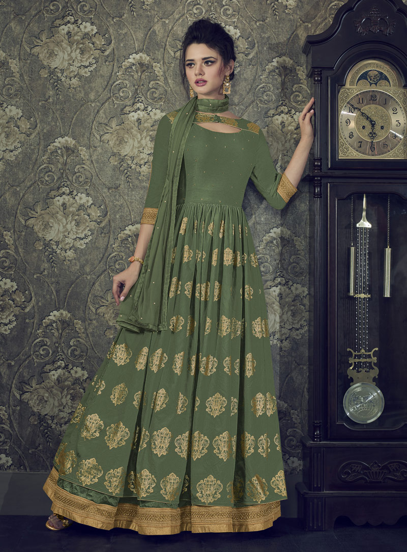 Dark Green Silk Abaya Style Anarkali Suit 147163