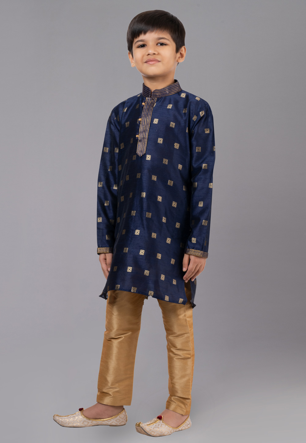 Navy Blue Dupion Silk Readymade Kids Kurta Pajama 260653