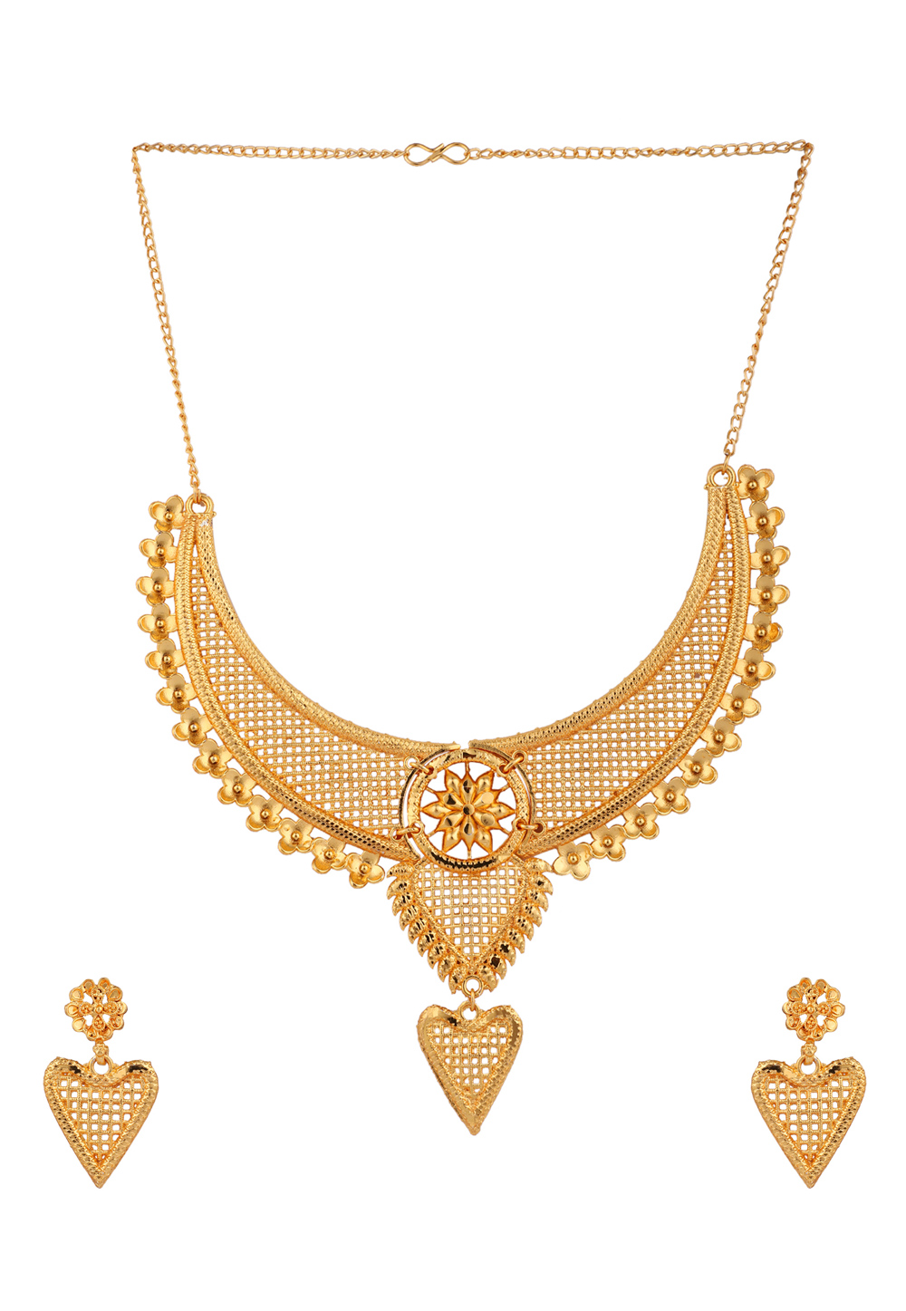 Golden Alloy Necklace Set With Earrings 224660