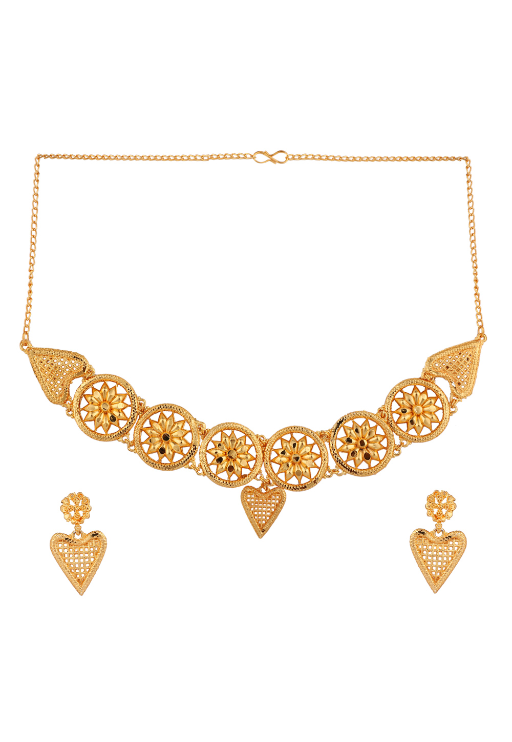 Golden Alloy Necklace Set With Earrings 228723