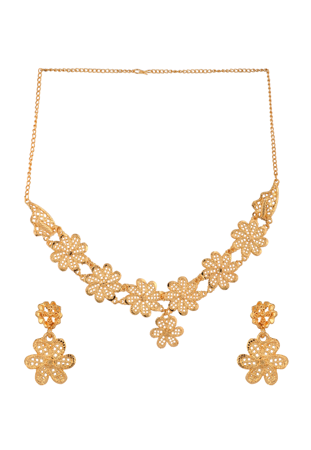Golden Alloy Necklace Set With Earrings 224661