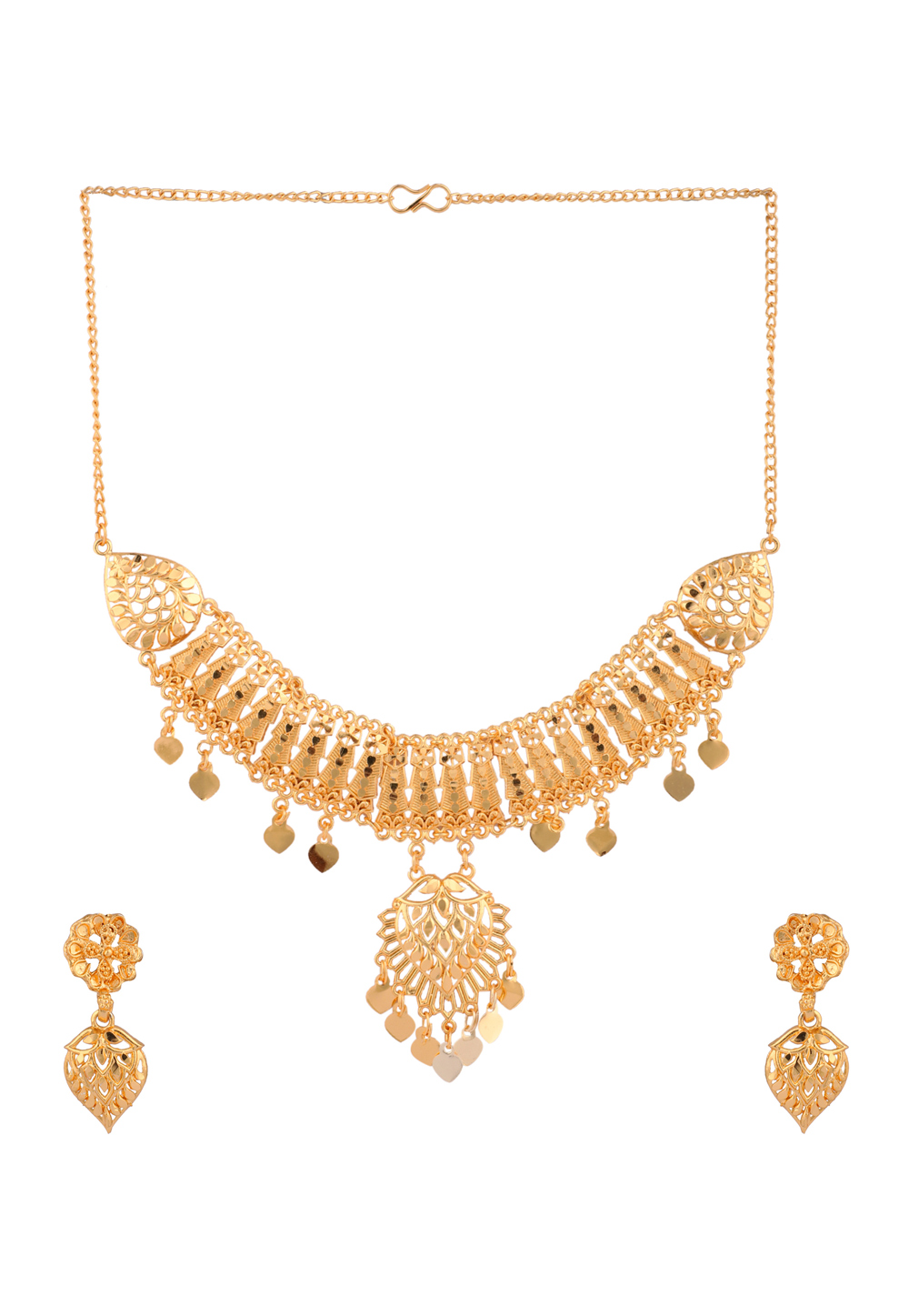 Golden Alloy Necklace Set With Earrings 224662