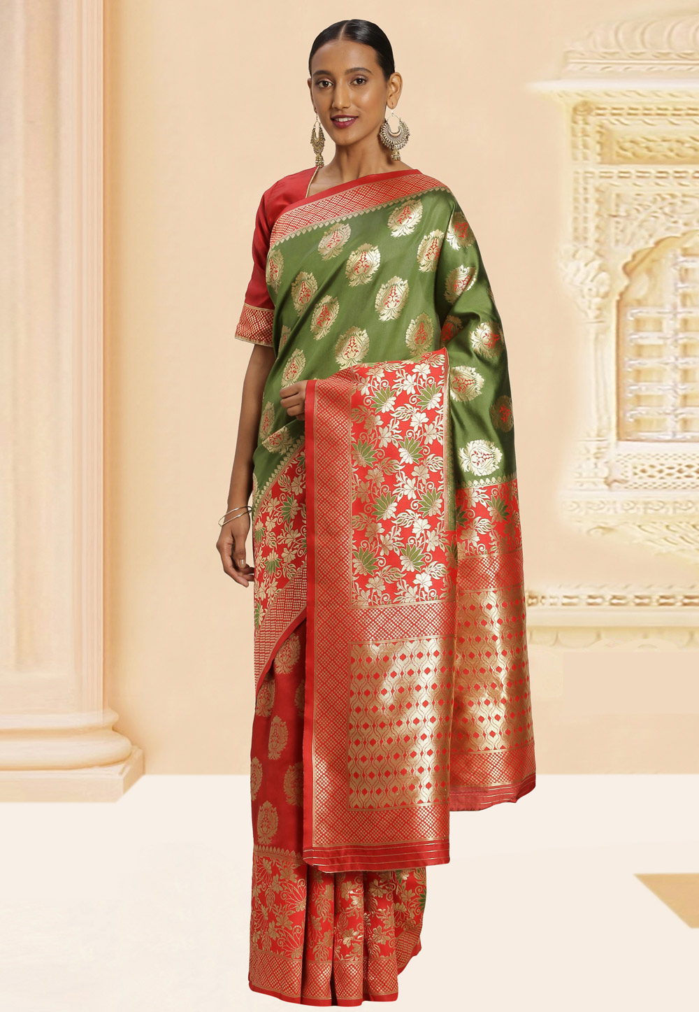 Green Banarasi Silk Half and Half Saree 220104