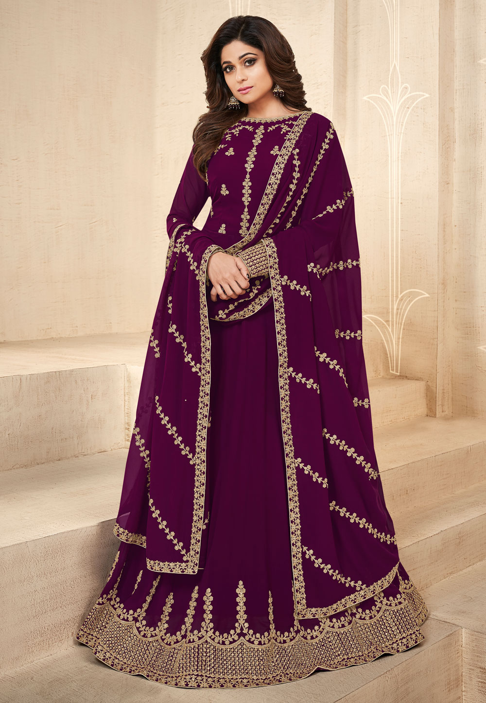 Shamita Shetty Purple Georgette Floor Length Anarkali Suit 161563