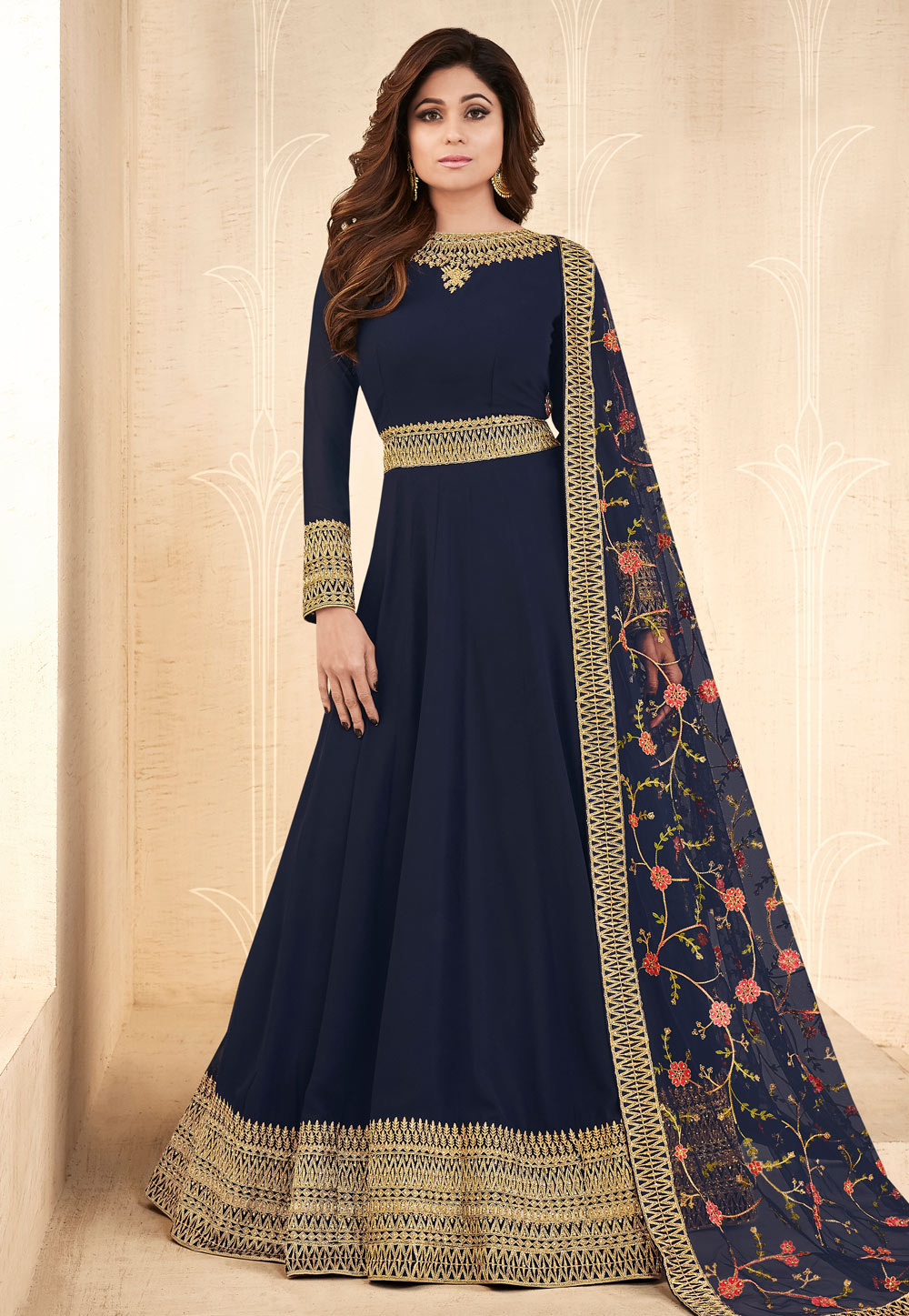 Shamita Shetty Navy Blue Georgette Long Anarkali Suit 161564