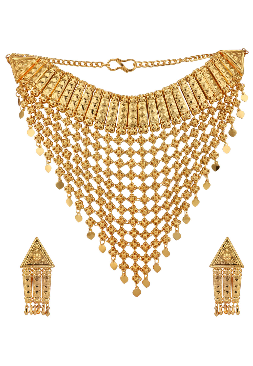 Golden Alloy Necklace Set With Earrings 224663