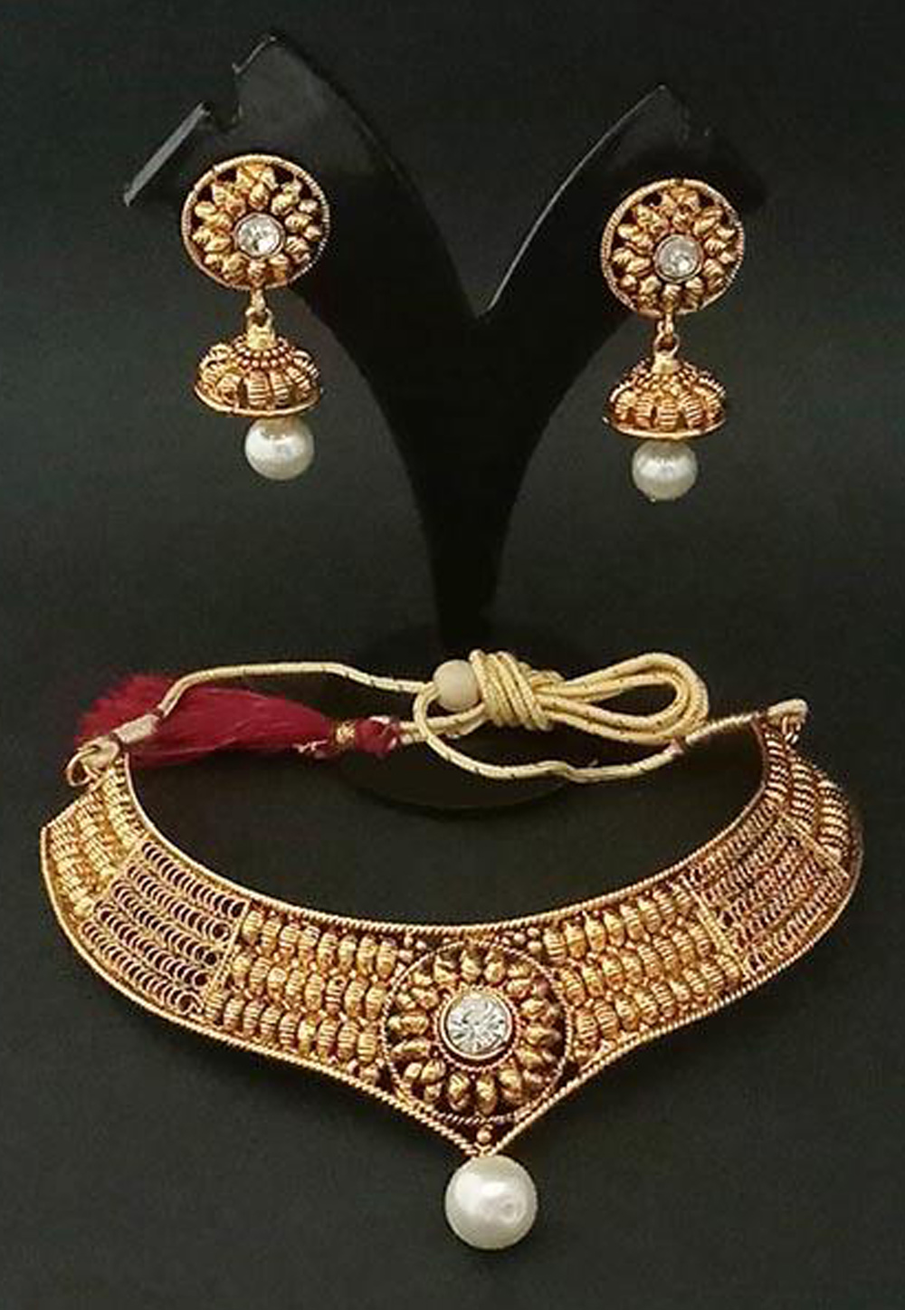 Golden Alloy Necklace Set With Earrings 200986