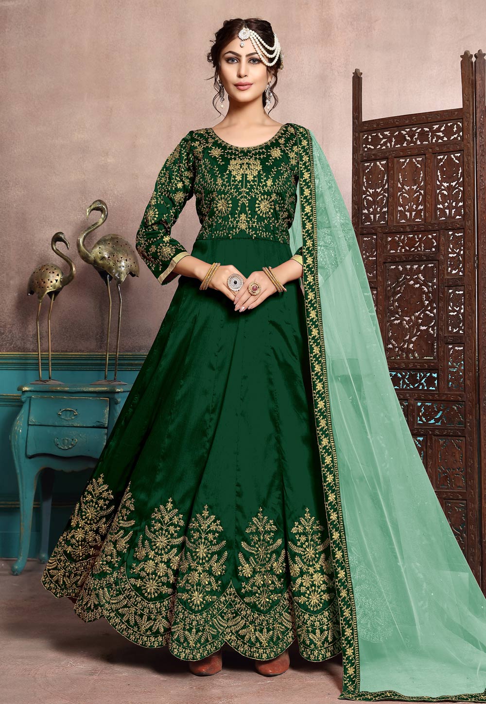 Green Art Silk Embroidered Abaya Style Anarkali Suit 165574