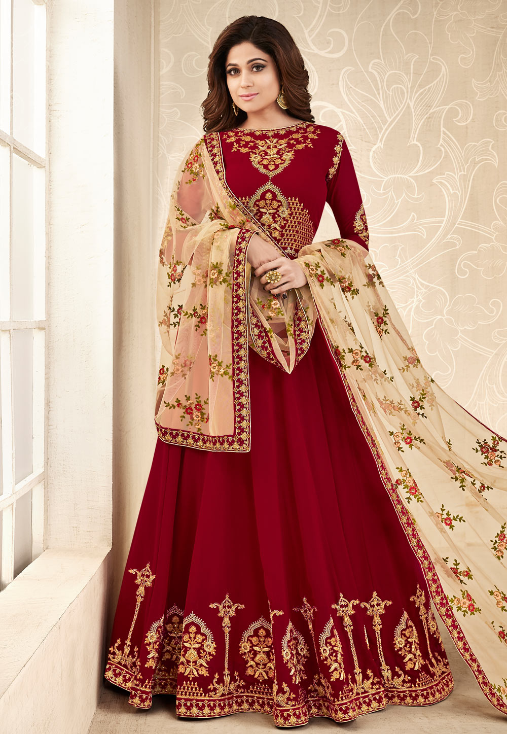 Shamita Shetty Red Georgette Abaya Style Anarkali Suit 161565